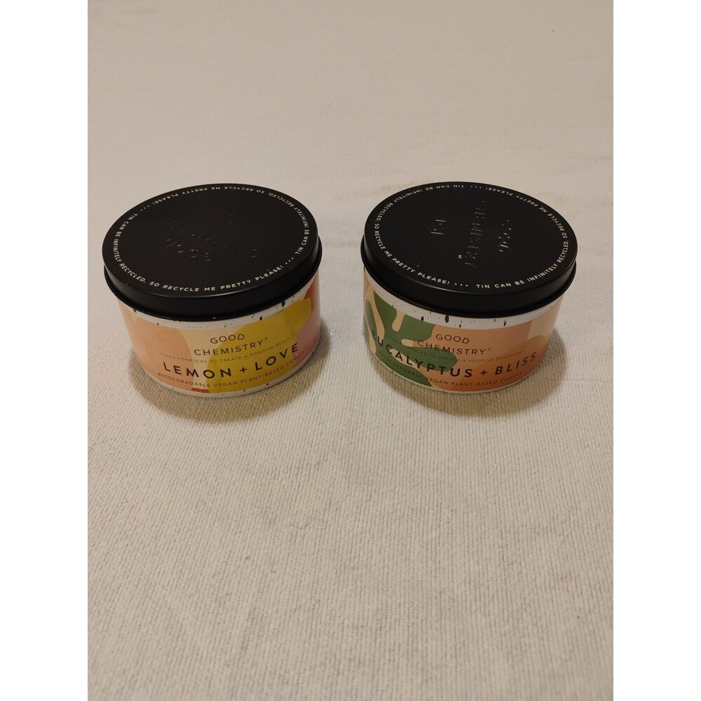 Good Chemistry Lot Of 2 Candles Lemon + Love And Eucalyptus + Bliss Tin Can Lid